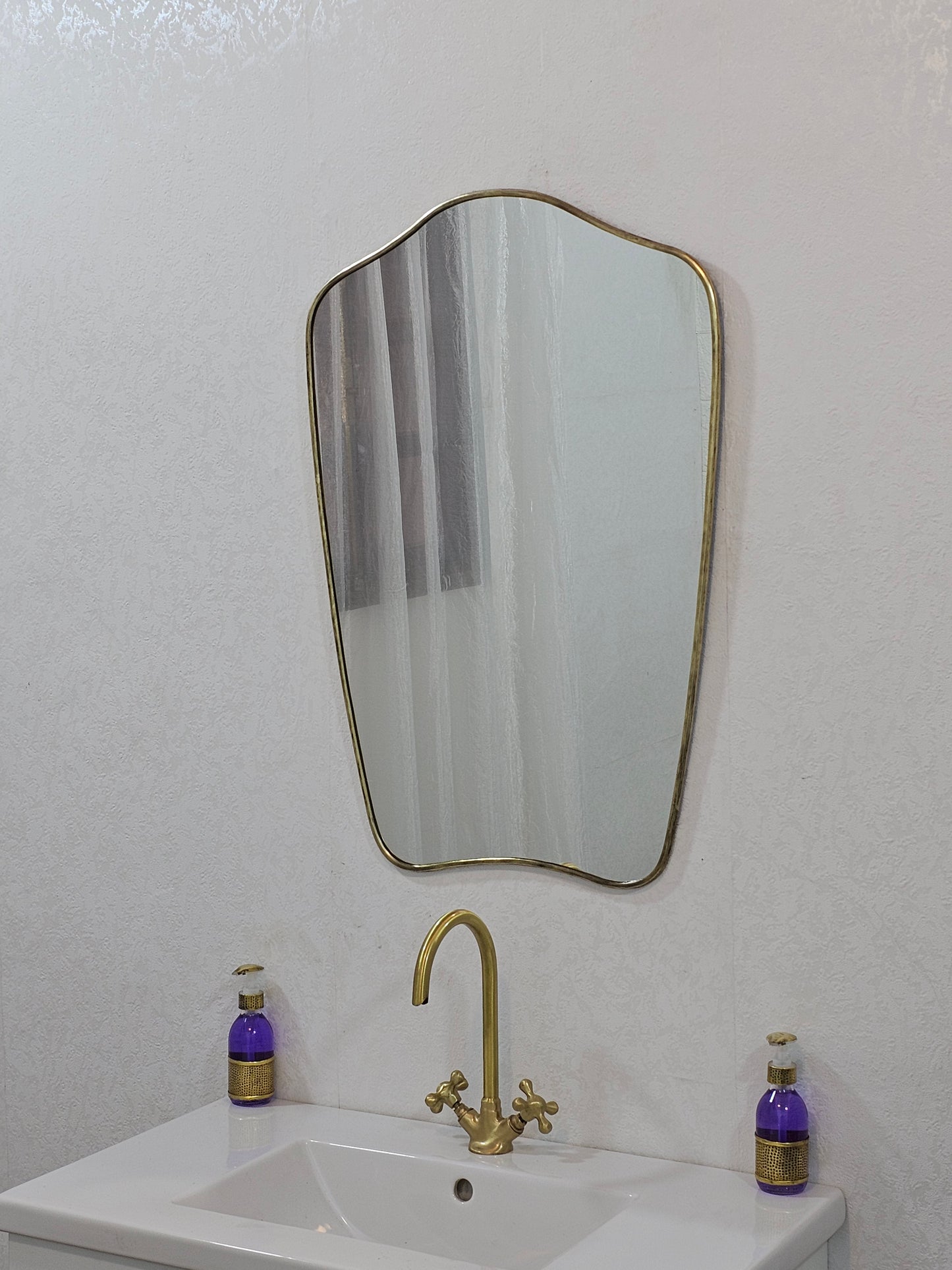 Handmade Antique Brass Mirror | Vintage Wall Mirror | Bathroom Vanity Mirror | Curved Mirror | Brass Frame Wall Decor| Art Deco Style Mirror