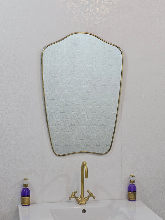 Handmade Antique Brass Mirror | Vintage Wall Mirror | Bathroom Vanity Mirror | Curved Mirror | Brass Frame Wall Decor| Art Deco Style Mirror