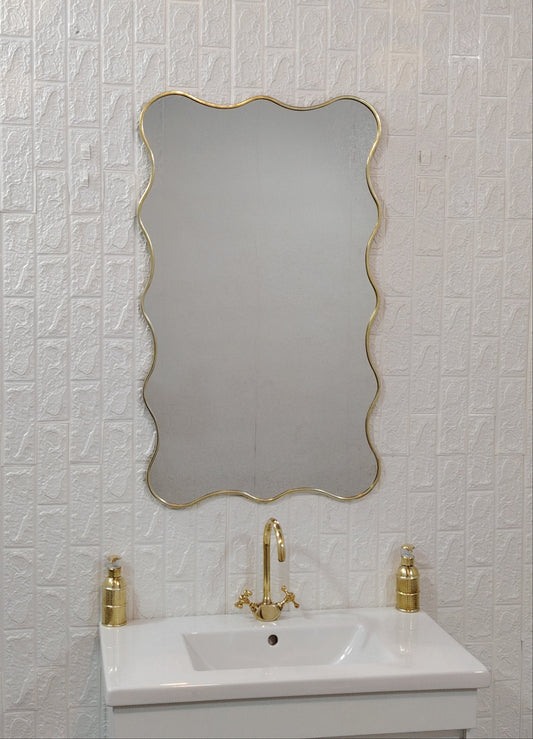 Asymmetrical Brass Mirror Squiggle Mirror for Living Room Decor, Large Brass Wavy Mirror Curvy Vanity Full Length Mirror, Irregular Mirror